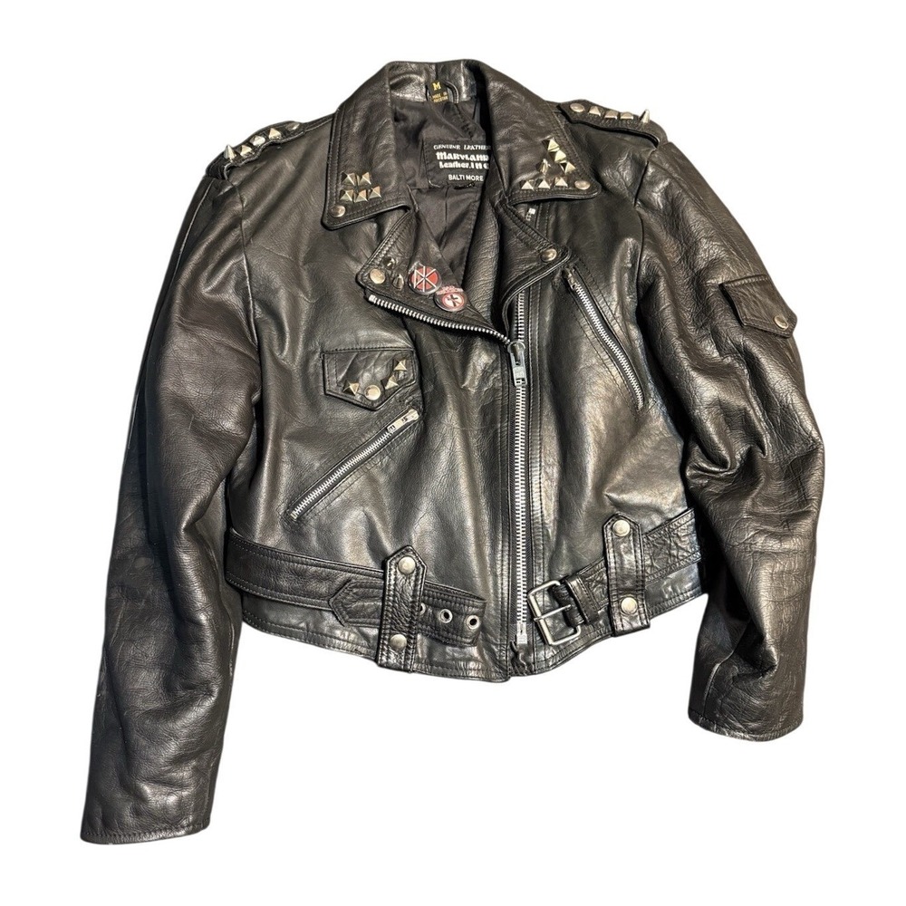Vintage Motorcycle Leather Studded Punk Battle Jacket Medium Maryland Pocket